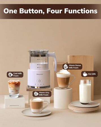 Morpilot Milk Frother Electric, 500ml 600W, 4-in-1 Milk Frother for Hot and Cold, Dishwasher Safe, Visual Glass, Latte Design, White