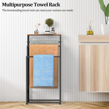 Підставка для рушників стояча, 3-ярусна з полицею з дерева, металева, з регульованими ніжками, для ванної кімнати та спальні, 40x30x82 см (колір: коричневий)