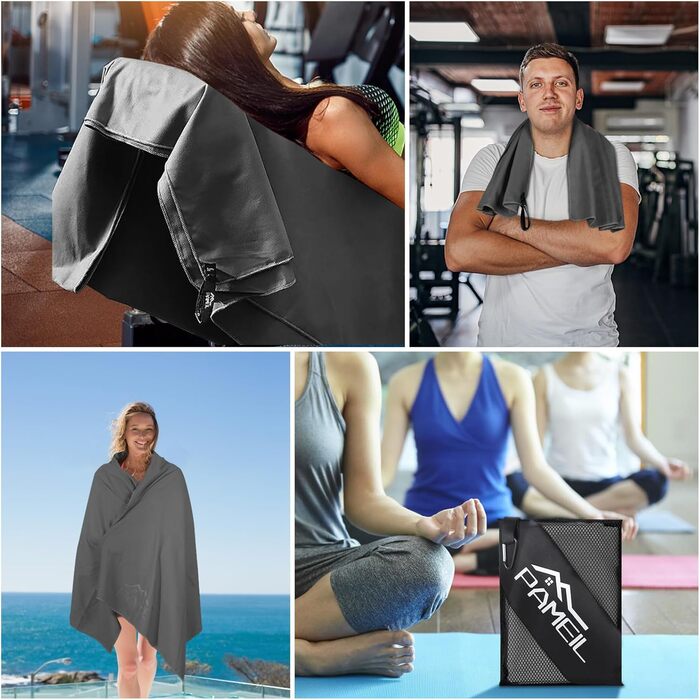 Набір рушників з мікрофібри Pameil (3 шт.): великий (160x80 см) + 2 маленьких (80x40 см), швидковисихаючі, для подорожей, фітнесу, сауни, темно-сірий