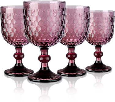 Joeyan 350ml Violet Vintage Wine Glasses with Diamond Embossed Design, Colorful Goblet Glasses Wine Goblet Set for Wine Juice Drinks, Set of 4 Retro Glasses with Stem, Dishwasher Safe