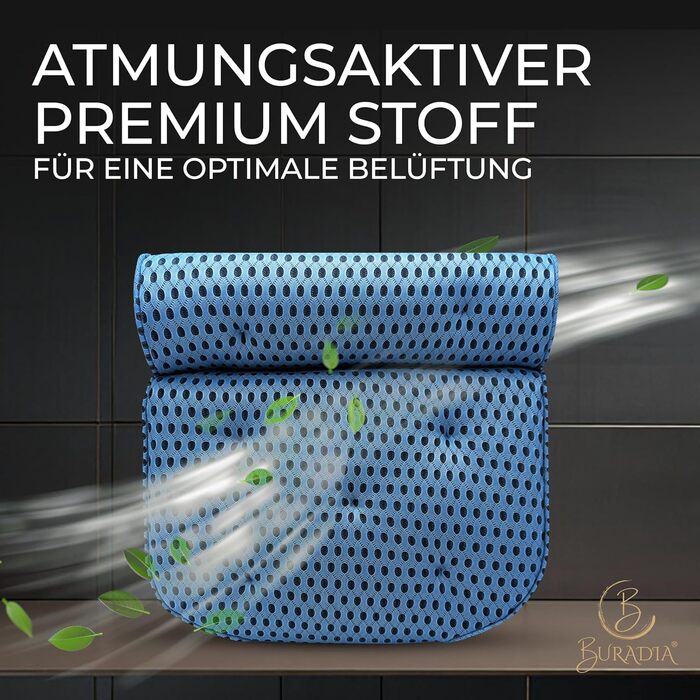 BURADIA Bath Pillow including Wash Bag - Ultimate Comfort and Relaxation with Latest Air Mesh Technology - Bath Pillow for Bathtub with 7 Strong Suction Cups - Neck/Head Pillow (light blue)
