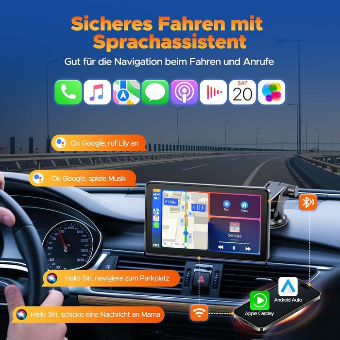 Volam Бездротовий CarPlay/Android Auto дисплей 7 дюймів, сенсорний екран, Mirror Link, навігація, музика, Siri, Google Асистент, Bluetooth 5.0, AUX, FM