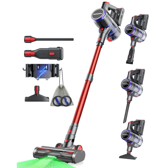 Бездротовий пилосос 48000Pa/550W з акумулятором, 70 хвилин роботи, об'єм 1.6л, 8-шарова фільтрація, тихий, з антизаплутуючим насадкою для твердих поверхонь, червоний, Rot 15 Ultra