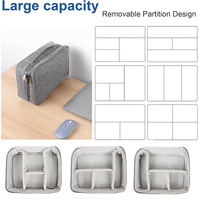 Органайзер для кабелів AiQInu: універсальна дорожня сумка-кубик, 3 шари, водонепроникний, для кабелів, power bank, USB, SD карт (сірий)