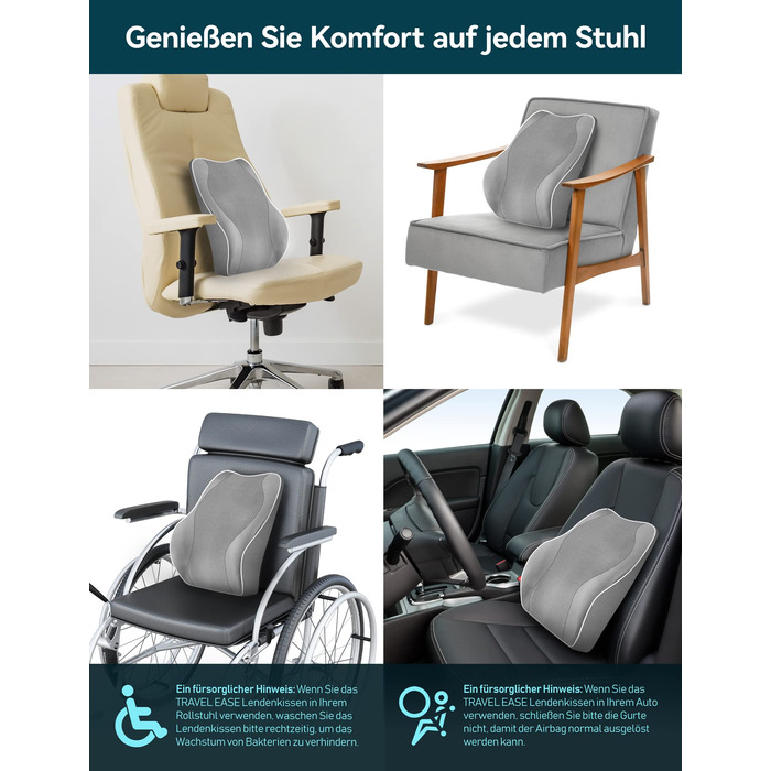 Ergonomічна подушка під поперек TRAVEL EASE з ефектом пам'яті, 40x43 см, сіра