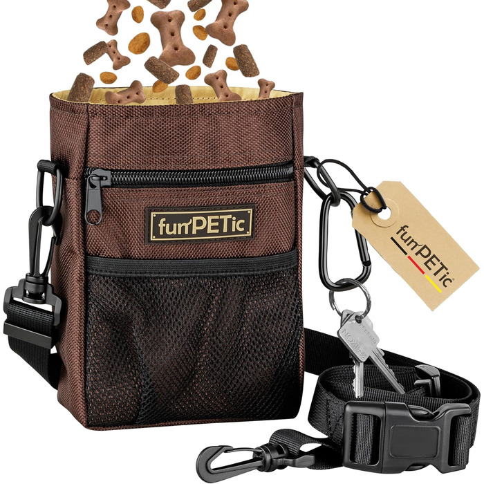 Набір для годування тварин funPETic: сумка для корму з 4 відділеннями, складна миска з силікону, кишеня для ласощів та карабін. Підходить для собак, котів, коней.