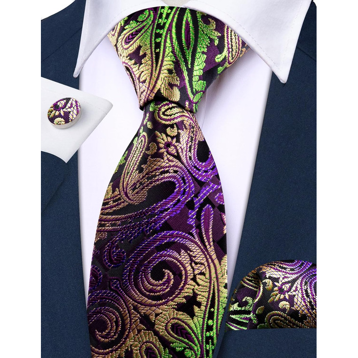 Краватка чоловіча Barry.Wang однотонна павлижий візерунок сатин з нагрудною хустинкою для весілля, золотисто-фіолетова