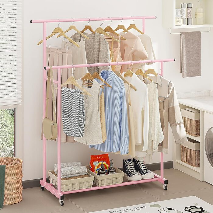 Clothes Rack with Double Rod, Rolling Clothes Rack, Portable Clothes Rack for Bedroom, Living Room, Clothing Store (Pink)