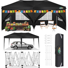 COBIZI Pavilion 3x3 Waterproof Folding Pavilion with 4 Side Panels, Outdoor Folding Pavilion, Stable UV Protection 50+, Pop-Up Garden Pavilion, Party Tent for Outdoors, Garden, Party, Wedding, Market (Black, 3x6m)