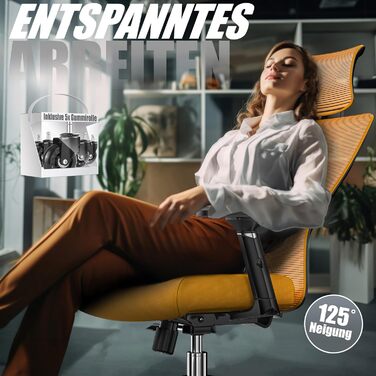 Офісне крісло KESSER® ергономічне з регульованими підлокітниками, поворотне з підтримкою попереку, з підголівником. Функція гойдання до 125° та 5 роликів. Оранжевий/срібний колір.