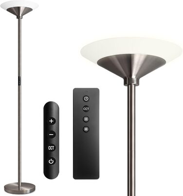 LED торшер BBHome для вітальні з регулюванням яскравості, 27W, з лампою для читання 6W, дистанційним керуванням та сенсором, 3000K-6500K, срібний