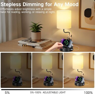 LED настільна лампа OUTON 2 шт. з USB-A та USB-C, сенсорне регулювання, тепле світло 2700K, підставка для телефону та ручок, сучасна керамічна лампа для спальні, вітальні, офісу (чорний)