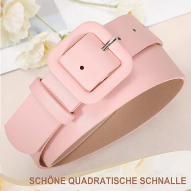 Жіночий шкіряний пояс JasGood пастельно-рожевого кольору, широкий, з квадратною пряжкою для джинсів, штанів та суконь, 110 см (під талію 76-88 см)