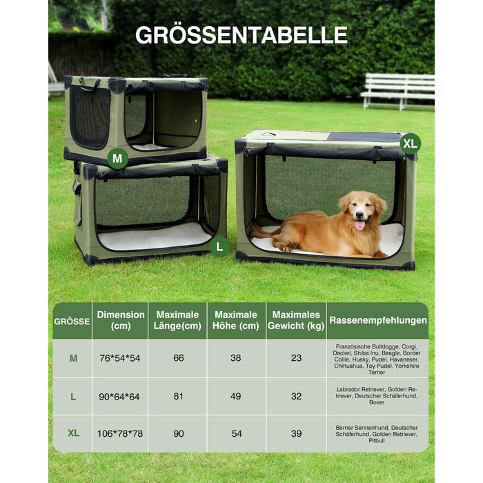 Складана переноска для собак середніх порід, 76x54x54 см, зелена. Зручна переноска для автомобіля з регульованим дизайном, міцна сітка та м'яка підстилка для дому та подорожей