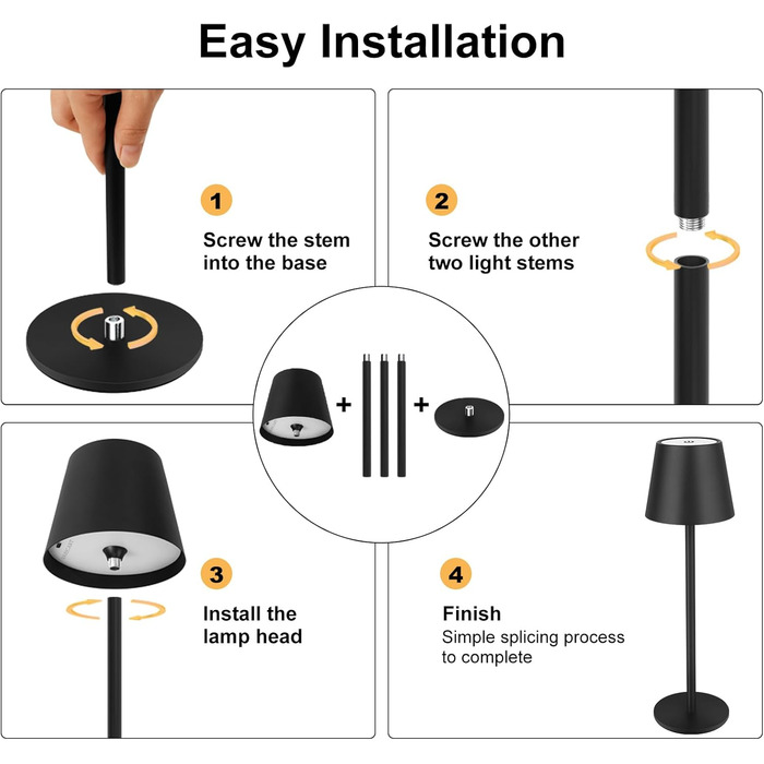 Світлодіодна настільна лампа бездротова з сенсорним керуванням, USB-C, димування, акумуляторна, 3 режими температури, регульована висота, IP54 водонепроникна для ресторану, спальні, бару, вулиці - Чорна