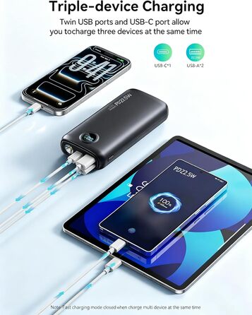 Потужний зовнішній акумулятор Power Bank 27000mAh 22.5W USB-C з LED-дисплеєм, швидка зарядка PD 3.0 та QC 4.0, вбудований ліхтар для iPhone, Samsung, iPad та смартфонів