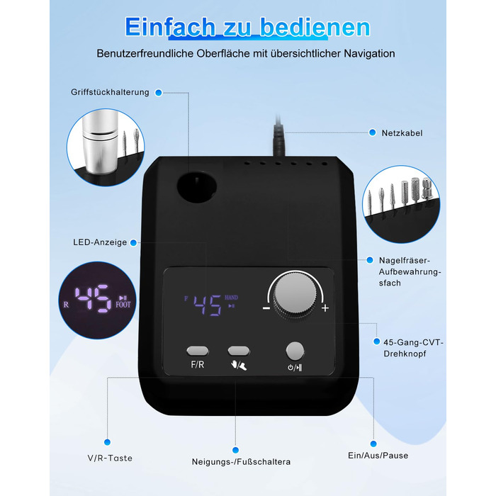 Електричний фрезер для нігтів CozyZen Professional: набір для манікюру та педикюру з LCD-дисплеєм, 45000 об/хв, для акрилу та гелю