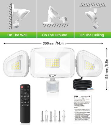 CLY 42W LED Floodlight with Motion Sensor and Remote Control, 3600LM 6500K Cool White Outdoor Floodlight with Adjustable 3 Heads LED Floodlight IP66 Waterproof Spotlight Floodlight for Garage Terrace