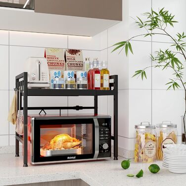 Регульована підставка для мікрохвильової печі, 2-ярусна розширювана, з вуглецевої сталі, з 8 гачками, (2 шт., чорний)