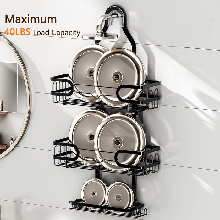 FOXWHALE Shower Shelf - Hanging Shower Rack with Razor Holder & Soap Holder and Multiple Hooks, Black, No Drilling Hanging Shower Basket for Bath Bombs, Towel, Bath Brush