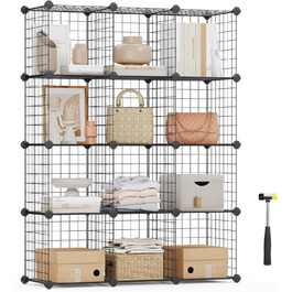 SONGMICS Grid Panel Storage Rack, Shelving System, Cube Storage, Set of 12 Cubes, for Shoes, Books, Living Room, Bedroom, Expandable, 31 x 93 x 123 cm, White LPI34W (Black)