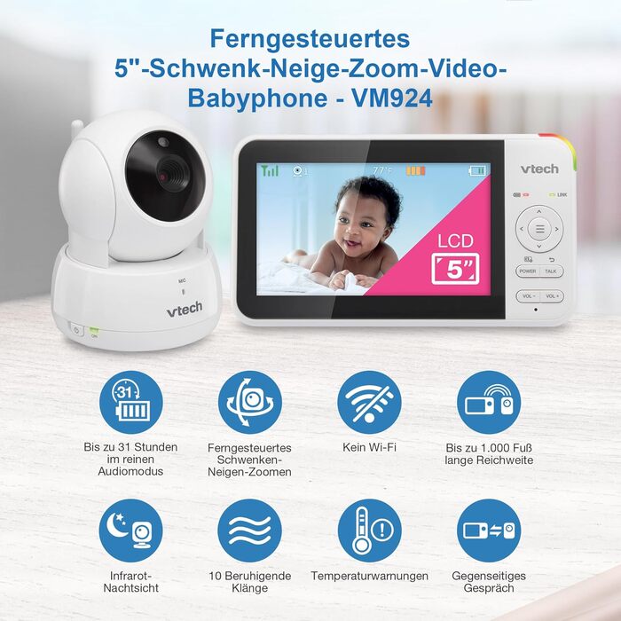 Відеоняня Vtech VM901-1W з Wi-Fi, 5-дюймовий HD-дисплей, поворотна камера 1080P, мобільний додаток, широкий кут огляду 120°, сумісна з iOS та Android