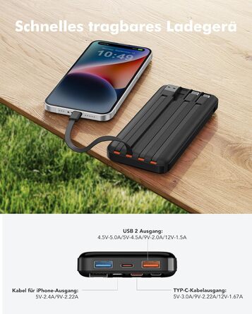 Power Bank Charmast 20000mAh з LED-дисплеєм та 4 кабелями (USB C, PD3.0, QC4.0) – чорний