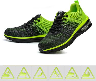 Легкі робочі черевики для чоловіків та жінок. Безпечні, неслизькі, спортивного стилю, зі сталевим підноском. Дихаючі, робочі черевики (42 EU, Зелений)