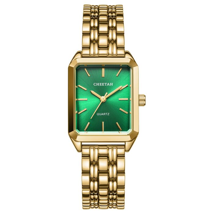 Жіночий наручний годинник CHEETAH Vintage Quartz — золотистий прямокутний корпус, сталевий браслет, водонепроникний (Золото/Зелений)