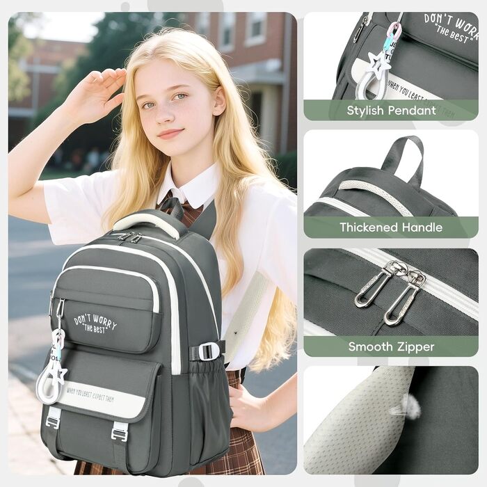 Шкільний рюкзак Tanou для дівчаток, 4-12 клас, водонепроникний, сірий