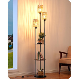 Стійка лампа EDISHINE для вітальні, вінтажна 3-лампова модель з полицею та абажуром з ротангу, 3 патрони E27, з лампочками, бохо-лампа з вимикачем на нозі для спальні та офісу, 178 см (Вінтажний коричневий)