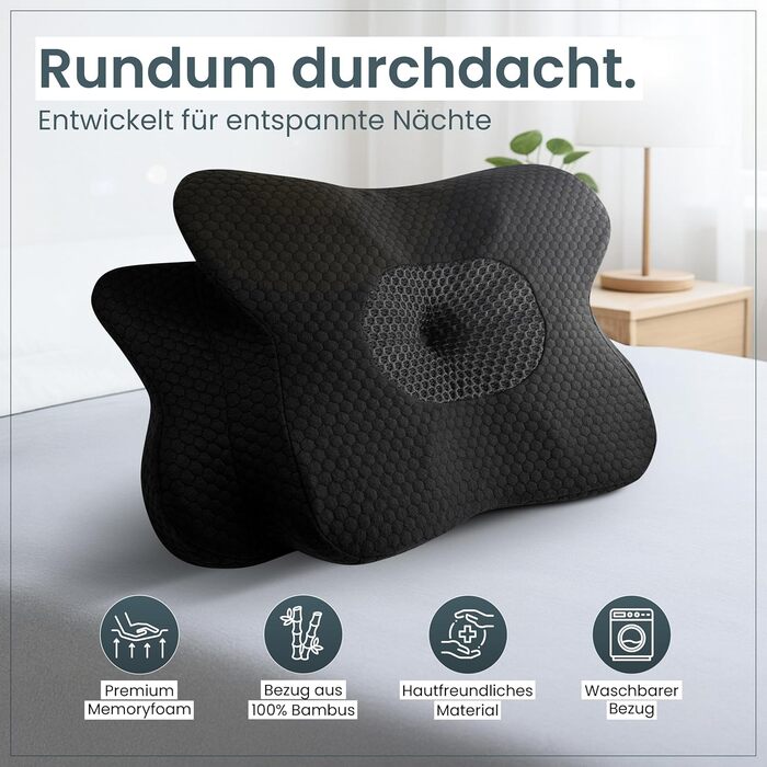 Ортопедична подушка для шиї при болях у шиї з високоякісної піни з пам'яті - Ергономічна подушка для шиї - Подушка для сну на боці, спині та животі - Праний чохол при 40°C (61 x 40 x12, Сірий)