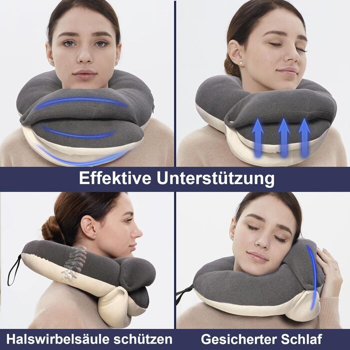 Подушка для шиї BUYUE для подорожей, 360° підтримка голови, сон у дорозі, комплект з маскою для очей, навушниками та чохлом (для дорослих, сіра, до 45 кг)