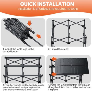 FUNYKICH Складаний столик для кемпінгу 82 x 40 см з регулюванням висоти (44/70 см), легкий та портативний, з сітчастою кишенею, алюмінієва розкладна стільниця для барбекю, кемпінгу, пікніка, саду