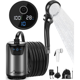 WADEO Portable Camping Shower Battery with Pump, Camping Shower with Rechargeable 6000/8000mAh Battery, Mobile Showers Outdoor Showers with Shower Head and Hose, for Camping Trips, Garden, Car Washing (Gray, 10 Galls and with Double Digital Display)