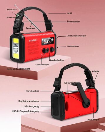 Радіо Kurbelradio 20000mAh сонячне з ручним заводом, AM/FM, SOS, LED-ліхтарик, USB зарядка для телефону, аварійне радіо при відключенні електроенергії (Червоне)