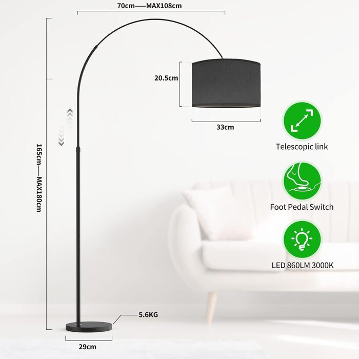 Торшер арковий Modlicht Jasmin I з LED E27, чорний тканинний абажур 33 см, педальний вимикач, вінтажний, для вітальні та спальні