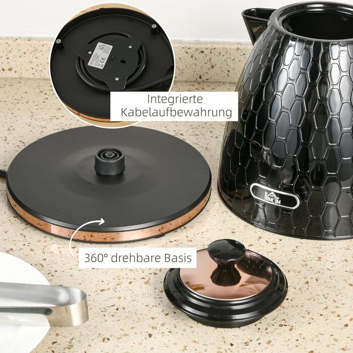 Електричний чайник HOMCOM 1.7 л, нержавіюча сталь, 360° обертання, фільтр від накипу, захист від сухого кипіння, автоматичне відключення, BPA Free, 2200W, чорний