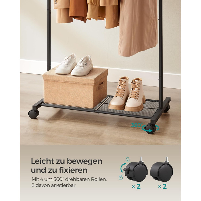 SONGMICS Clothes Rack, Rolling Garment Rack, Metal Wardrobe Stand, Rolling Wardrobe 91 cm wide, with Shelf, 2 Wheels with Brake, Rod Load Capacity up to 40 kg, HSR025A01 (Black, 74x40.5x158cm)