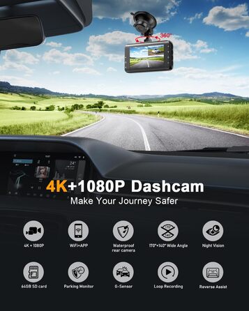 Відеореєстратор у машину Dashcam 4K з двома камерами, WiFi, 64GB SD карта, паркувальний асистент, нічне бачення, 170°+140° кут огляду, 3' IPS дисплей, G-сенсор, циклічна запис, паркування, підтримка карт до 256GB