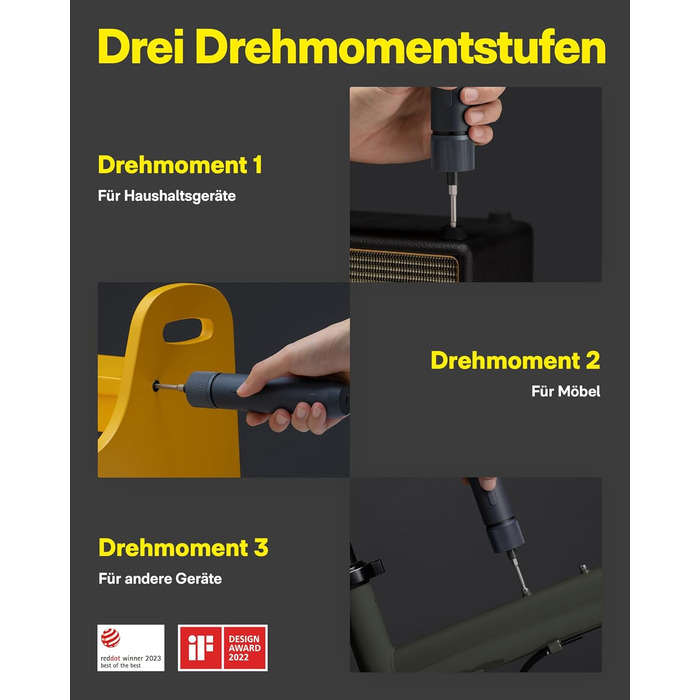 Акумуляторний шуруповерт HOTO з магнітом та 25 бітами, LED-підсвічуванням, 3 рівнями крутного моменту (1.5/3/4 Н.м), акумулятор 1500 мАг, зарядка USB-C, для ремонту меблів та електроприладів