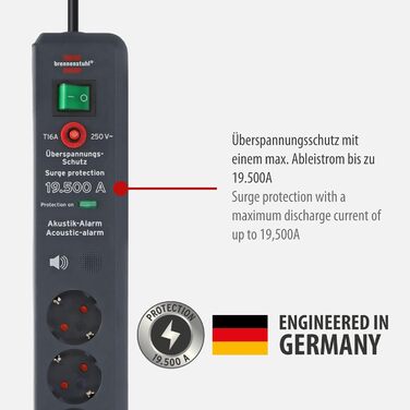 Бренненштуль Secure-Tec Мережевий фільтр 6-фазний з захистом від перенапруги та акустичним сигналом, 3м кабель, вимикач, антрацит