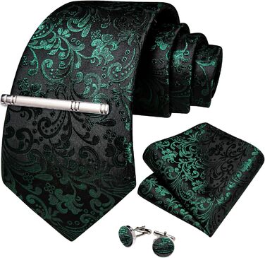 Чоловіча краватка DiBanGu Paisley шовкова, зелена з візерунком, формальна + нагрудна хустинка, запонки та зажим для краватки для вечірок та випускних