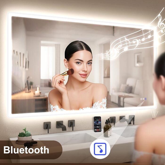 Дзеркало для ванної кімнати STARLEAD з підсвічуванням 100x70 см, Bluetooth, протитуманне покриття, регулювання яскравості, 3 кольори світла, функція пам'яті, IP44, LED, горизонтальне/вертикальне, HD скло, Madrid Silver (Bluetooth)