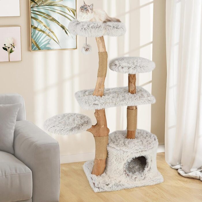 Дерев'яний кігтеточка SOARS для котів з 3 природними стовбурами, ліжком та плюшевими поверхнями, кігтеточка з іграшковим м'ячиком та джутовим мотузком, багатоповерхова, 49 x 59 x 110 см, білий