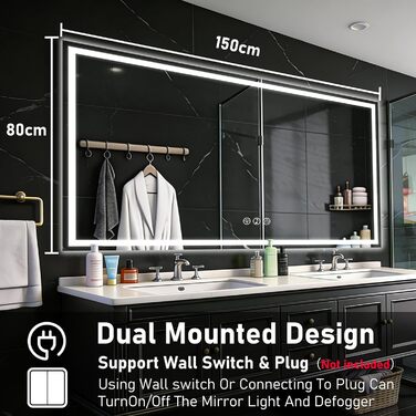 Дзеркало для ванної кімнати 50x70 см з підсвічуванням LED, антизапарююче, димування, 3 кольори світла, Bluetooth