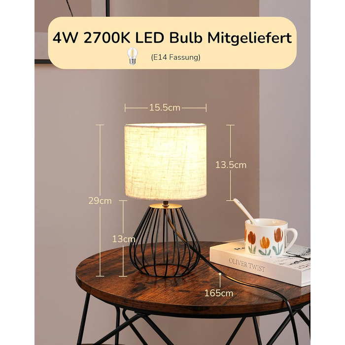 EDISHINE Настільна лампа, сучасний дизайн, індустріальний стиль, E14 цоколь, вінтаж, для спальні, вітальні, бежево-чорний льон + чорний