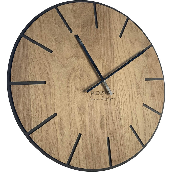 FLEXISTYLE Large Wall Clock without Ticking Sounds, Wood Art Black 60cm, Living Room, Bedroom, Made in EU, z216-2