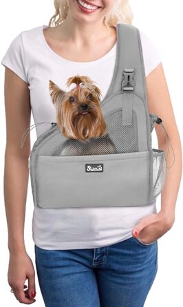 Dog-friendly sling carriers, hands-free travel bag for small pets with adjustable straps, hardboard base, safety belt, for dogs up to 2.8kg, wider version, gray