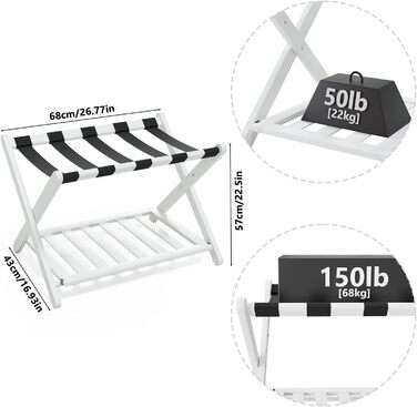 Fully assembled white luggage rack, enhanced bamboo, foldable suitcase stand with 5 nylon straps, luggage holder with shelf for guest rooms, hotel (white luggage rack, 1 piece)